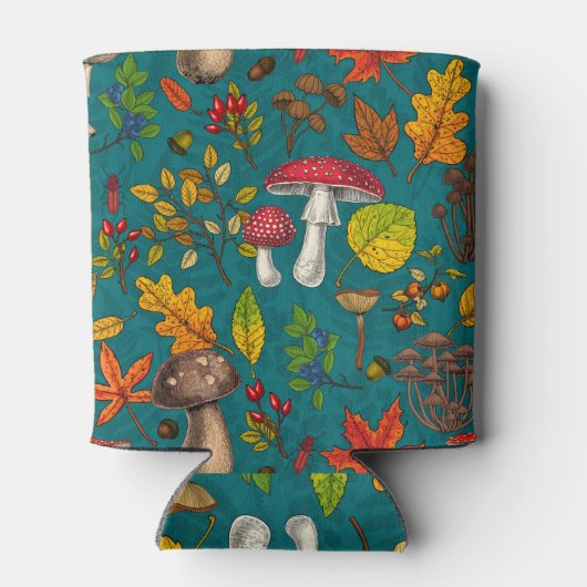 Herfst paddenstoelen, bladeren, noten en bessen op blikjeskoeler (Achterkant)