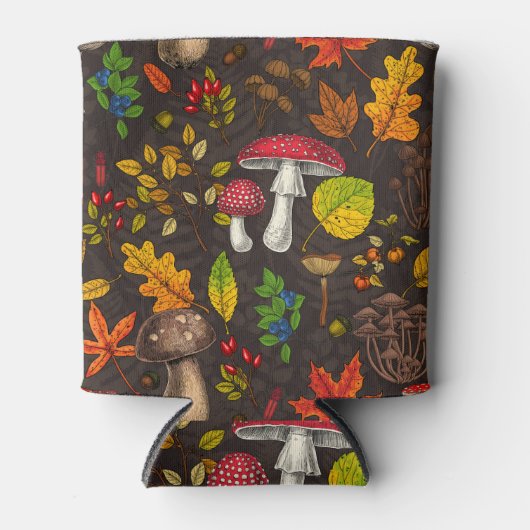 Herfst paddenstoelen, bladeren, noten en bessen op blikjeskoeler (Voorkant)