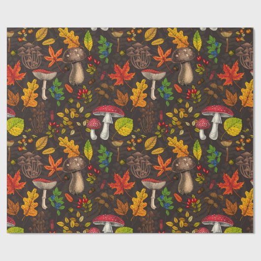 Herfst paddenstoelen, bladeren, noten en bessen op cadeaupapier (Vlak)