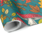 Herfst paddenstoelen, bladeren, noten en bessen op cadeaupapier (Rol Hoek)