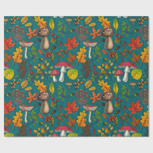 Herfst paddenstoelen, bladeren, noten en bessen op cadeaupapier (Vlak)