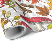 Herfst paddenstoelen, bladeren, noten en bessen op cadeaupapier (Rol Hoek)
