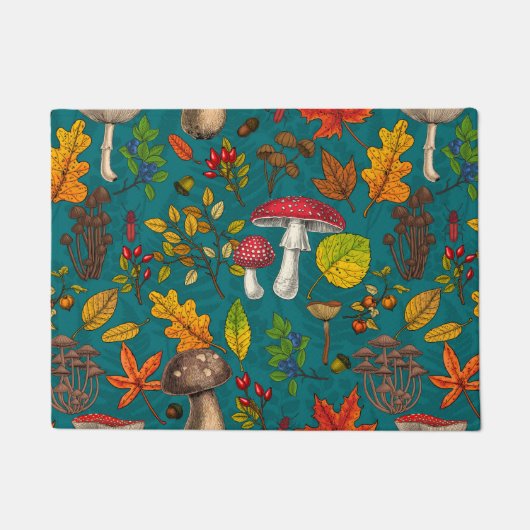 Herfst paddenstoelen, bladeren, noten en bessen op deurmat (Voorkant)