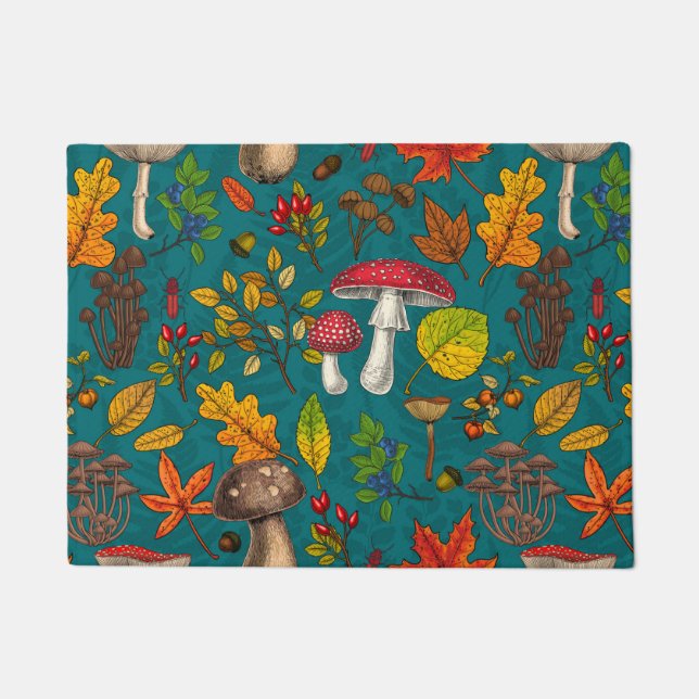 Herfst paddenstoelen, bladeren, noten en bessen op deurmat (Voorkant)