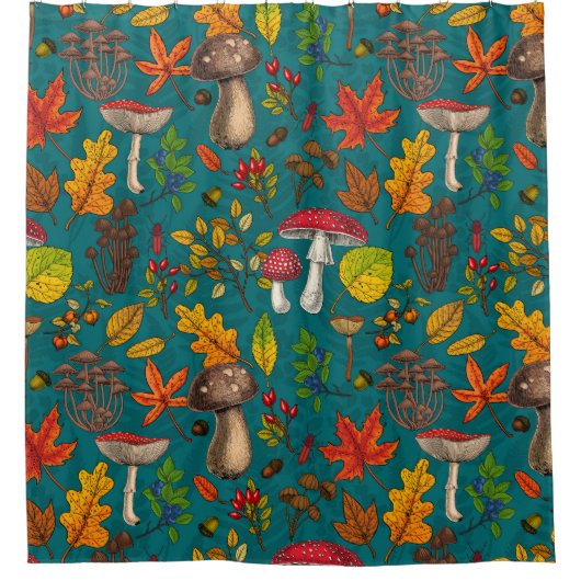 Herfst paddenstoelen, bladeren, noten en bessen op douchegordijn (Voorkant)