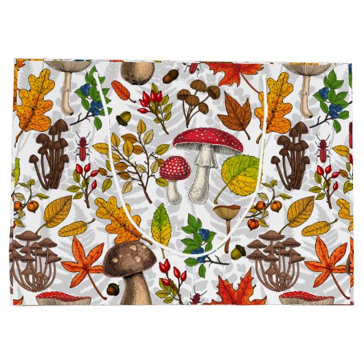 Herfst paddenstoelen, bladeren, noten en bessen op groot cadeauzakje (Achterkant)