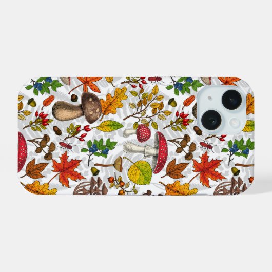 Herfst paddenstoelen, bladeren, noten en bessen op iPhone 15 case (Achterkant horizontaal)