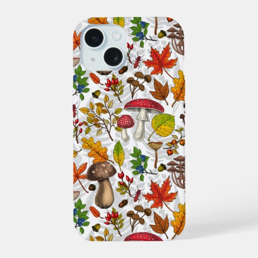 Herfst paddenstoelen, bladeren, noten en bessen op iPhone 15 case (Achterkant)