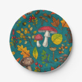 Herfst paddenstoelen, bladeren, noten en bessen op papieren bordje (Voorkant)