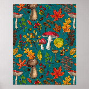 Herfst paddenstoelen, bladeren, noten en bessen op poster