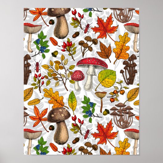 Herfst paddenstoelen, bladeren, noten en bessen op poster (Voorkant)
