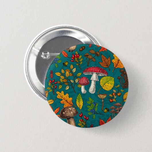 Herfst paddenstoelen, bladeren, noten en bessen op ronde button 5,7 cm (Voorkant /achterkant)