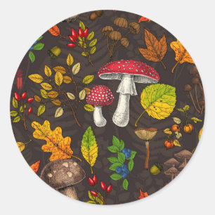 Herfst paddenstoelen, bladeren, noten en bessen op ronde sticker