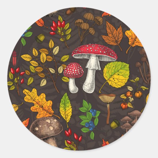 Herfst paddenstoelen, bladeren, noten en bessen op ronde sticker (Voorkant)