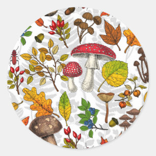 Herfst paddenstoelen, bladeren, noten en bessen op ronde sticker