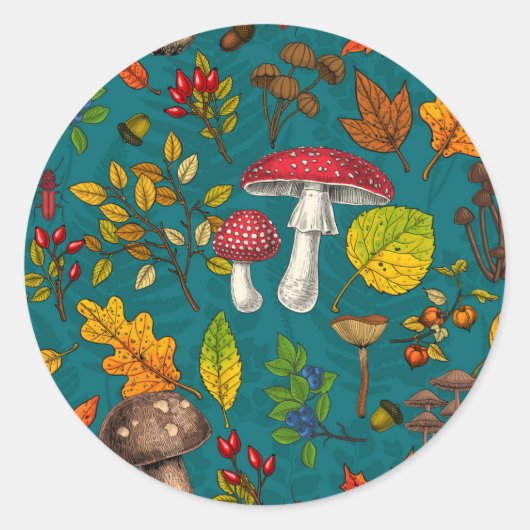 Herfst paddenstoelen, bladeren, noten en bessen op ronde sticker (Voorkant)