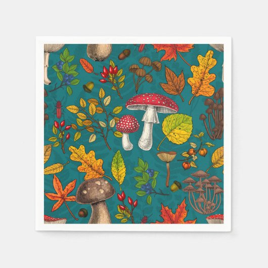 Herfst paddenstoelen, bladeren, noten en bessen op servet (Voorkant)