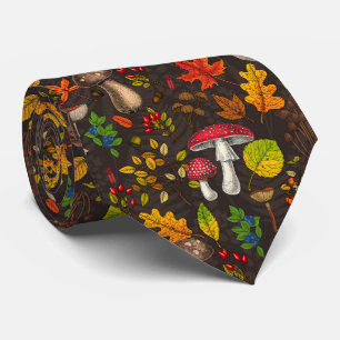Herfst paddenstoelen, bladeren, noten en bessen op stropdas