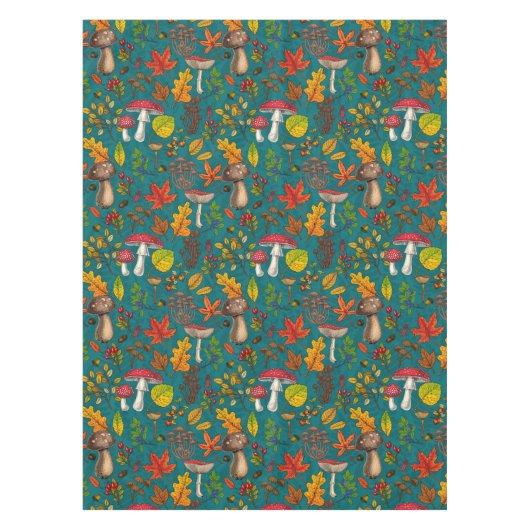 Herfst paddenstoelen, bladeren, noten en bessen op tafelkleed (Voorkant)