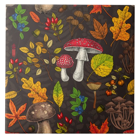 Herfst paddenstoelen, bladeren, noten en bessen op tegeltje (Voorkant)