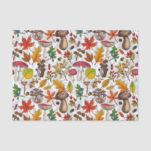 Herfst paddenstoelen, bladeren, noten en bessen op tissuepapier (Voorkant)