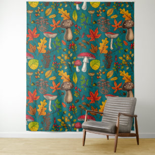 Herfst paddenstoelen, bladeren, noten en bessen op wandkleed