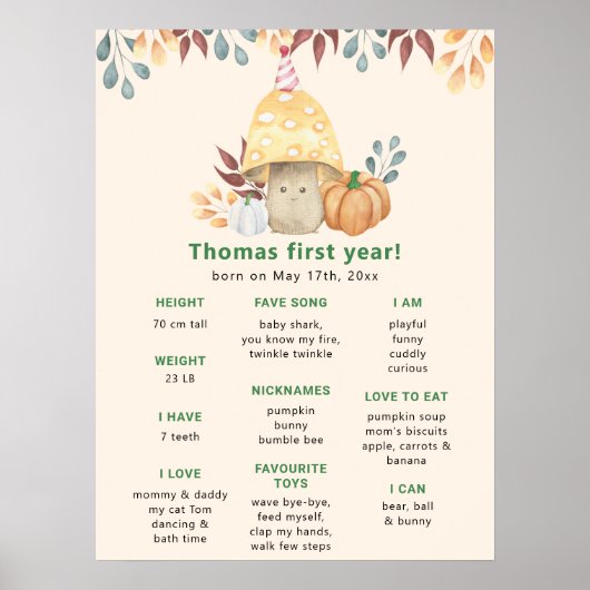 Herfst paddestoel eerste verjaardag mijlpaal verja poster (Voorkant)