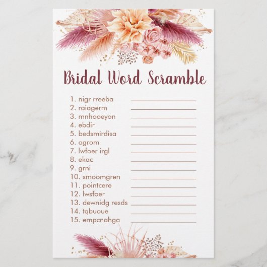 Herfst Pampas Grass Boho Bridal Word Scramble Game (Voorkant)