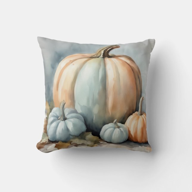 Herfst pastel blauw Waterverf pompoen decoratief Kussen (Voorkant)