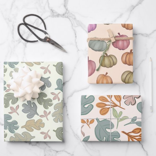 Herfst Pastel Foliage & Pompoen Patroon Inpakpapier Vel (Voorkant)