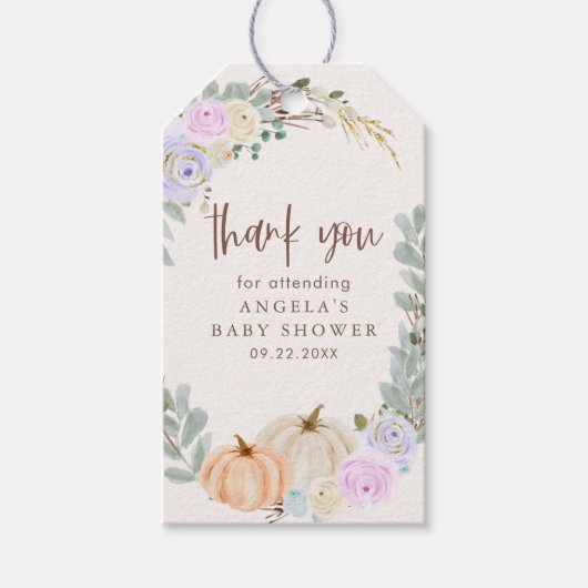 Herfst Pastel Pompoenen en Bloemen Baby shower Cadeaulabel (Voorkant)