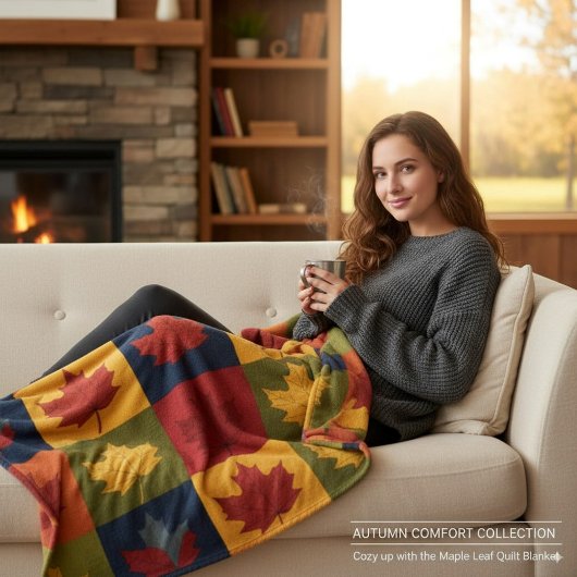 Herfst Patchwork Dekbedstijl met Esdoornbladeren Fleece Deken