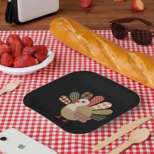 Herfst Patchwork GewatteerdeKalkoen Thanksgiving Papieren Bordje (Picknick)