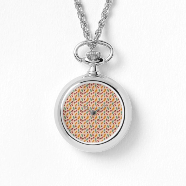 Herfst Patroon Blad Zilveren Ketting Horloge (Voorkant)