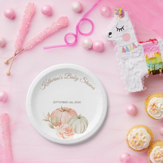 Herfst Peach en Green Pumpkin Rustic Floral Papieren Bordje (Feest)