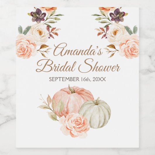 Herfst Peach en Green Pumpkin Rustic Floral Wijn Etiket (Enkel label)