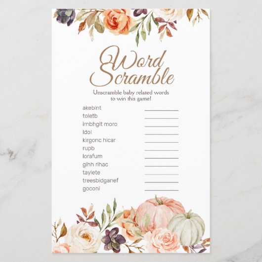 Herfst Peach Pumpkin Rustic Word Scramble (Voorkant)