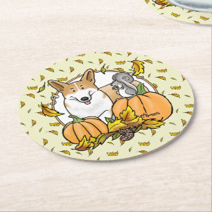 Herfst Pembroke Welsh Corgi (red 1) Pumpkins Cute Ronde Kartonnen Onderzetter