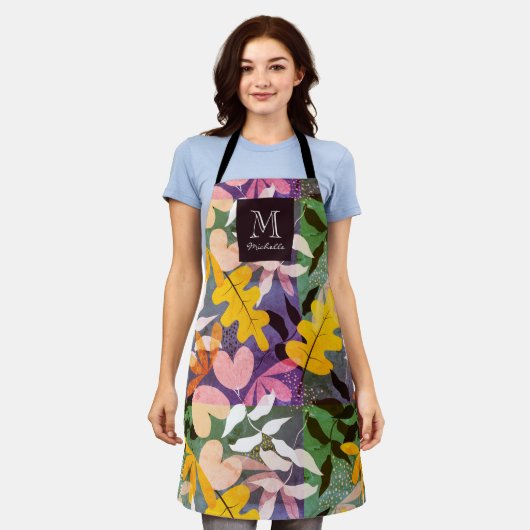 Herfst Persoonlijk Monogram Abstract Bloemenschort Schort (Gedragen)