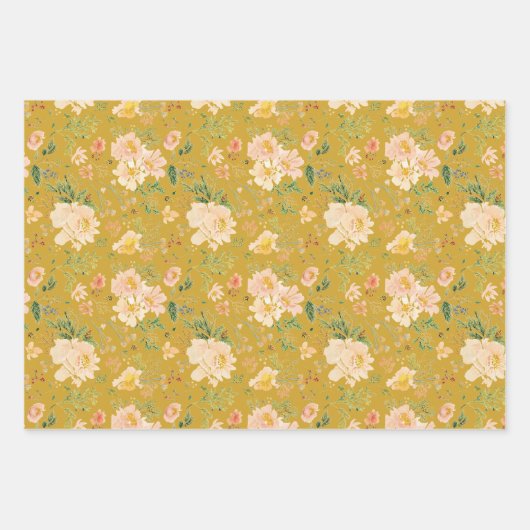 Herfst Perzik Bloem Waterverf op Ceylon Geel Inpakpapier Vel (Voorkant 3)