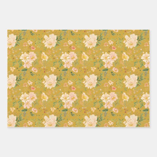 Herfst Perzik Bloem Waterverf op Ceylon Geel Inpakpapier Vel (Voorkant 2)