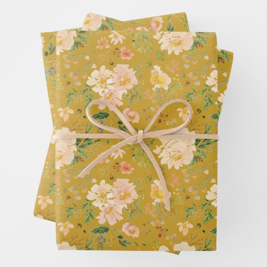 Herfst Perzik Bloem Waterverf op Ceylon Geel Inpakpapier Vel (In situ)