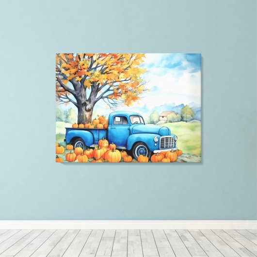 Herfst  Pickup en Pompoenen 32x24 Canvas Afdruk (Insitu (Houten vloer))