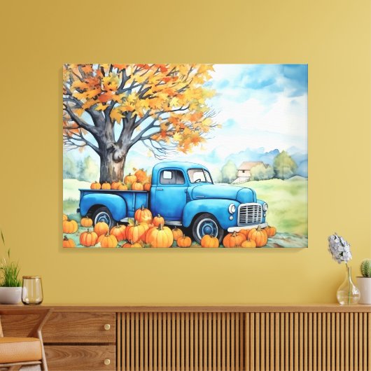 Herfst  Pickup en Pompoenen 32x24 Canvas Afdruk (Insitu (Woonkamer))