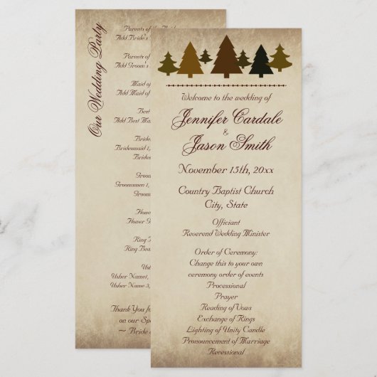 Herfst Pine Trees herfst Wedding Programs Programmakaart (Voorkant / Achterkant)