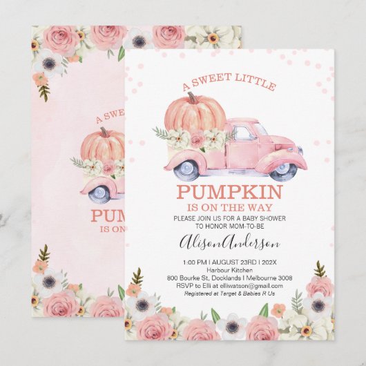 Herfst Pink Floral Pumpkin Truck Baby shower Kaart (Voorkant / Achterkant)