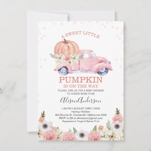 Herfst Pink Floral Pumpkin Truck Baby shower Kaart (Voorkant)