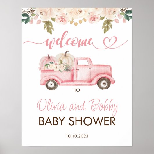 Herfst Pink Floral Pumpkin Truck Baby shower Welko Poster (Voorkant)