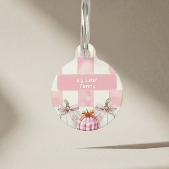 Herfst Pink Pumpkin Gingham Baby shower Big Sister Huisdierpenning (Creator heeft geüpload)