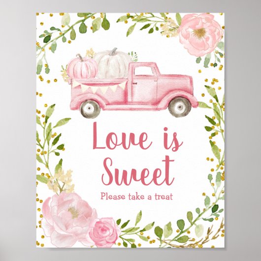 Herfst Pink Pumpkin Truck Love is Sweet Sign Poster (Voorkant)